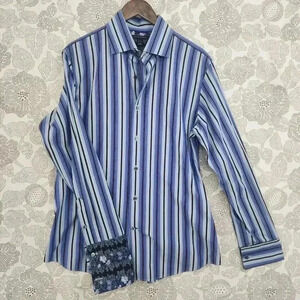 Banana Republic Mens Striped Dress Shirt L 100% Cotton Blue & Black Size L